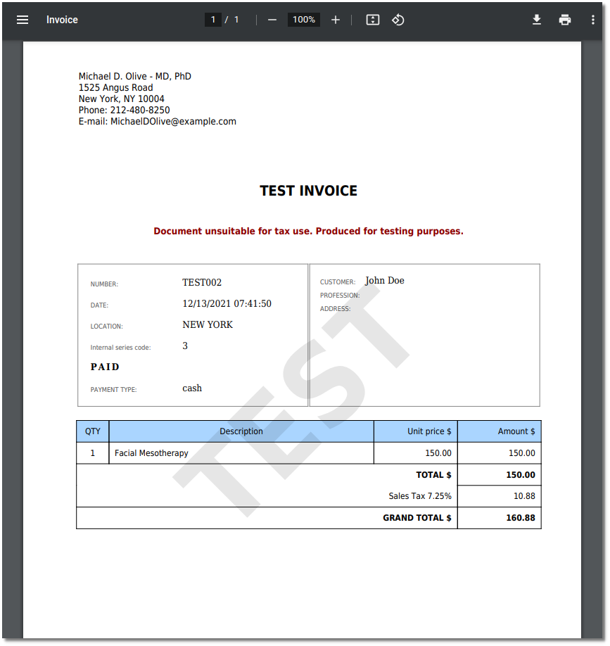 MediSign.com Sample Invoice with Taxes
