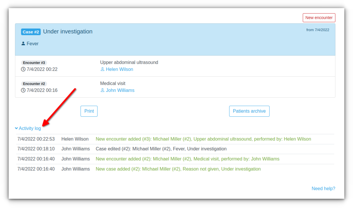 MediSign Activity Log example